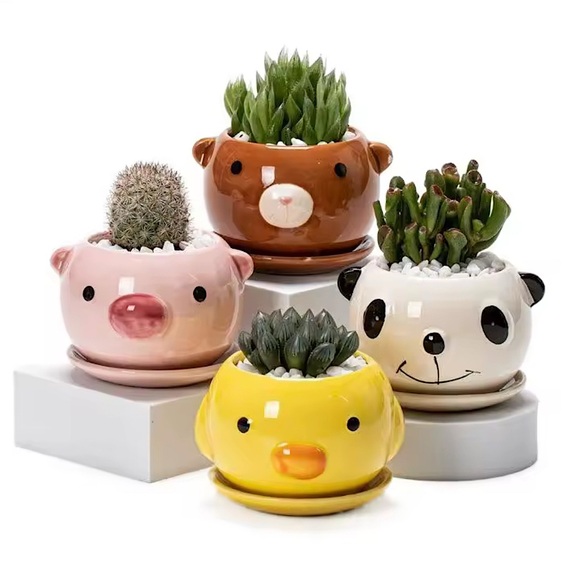 Set of 4 cute animal ceramic plant pots NEW - Picture 1 of 5